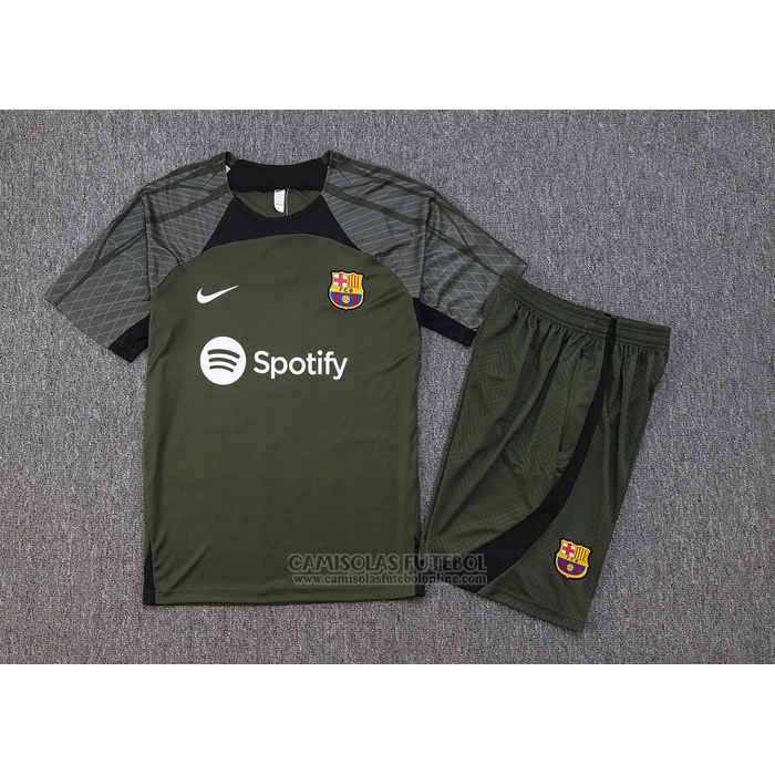 Fato de Treino Barcelona Manga Curta 2023-2024 Verde Oscuro - Calcas Curta